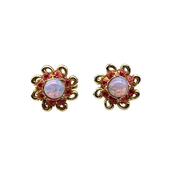 Coro Faux Opal and Pink Crystal Flower Earrings, Vintage Screw Back - Picture 1 of 6